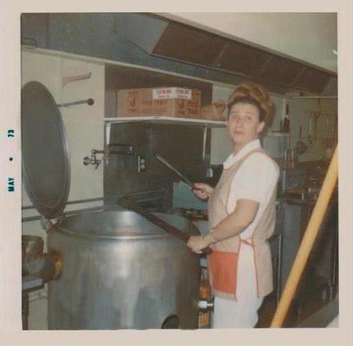 May 1973. Mom making refried beans at El Taco.